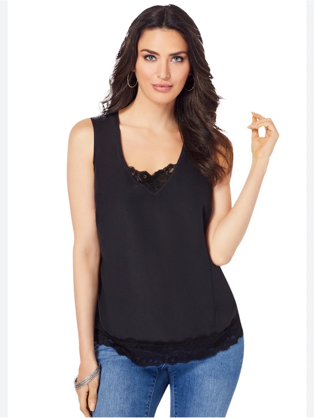 Roaman's Black Lace-Trim V-Neck Sleeveless Camisole